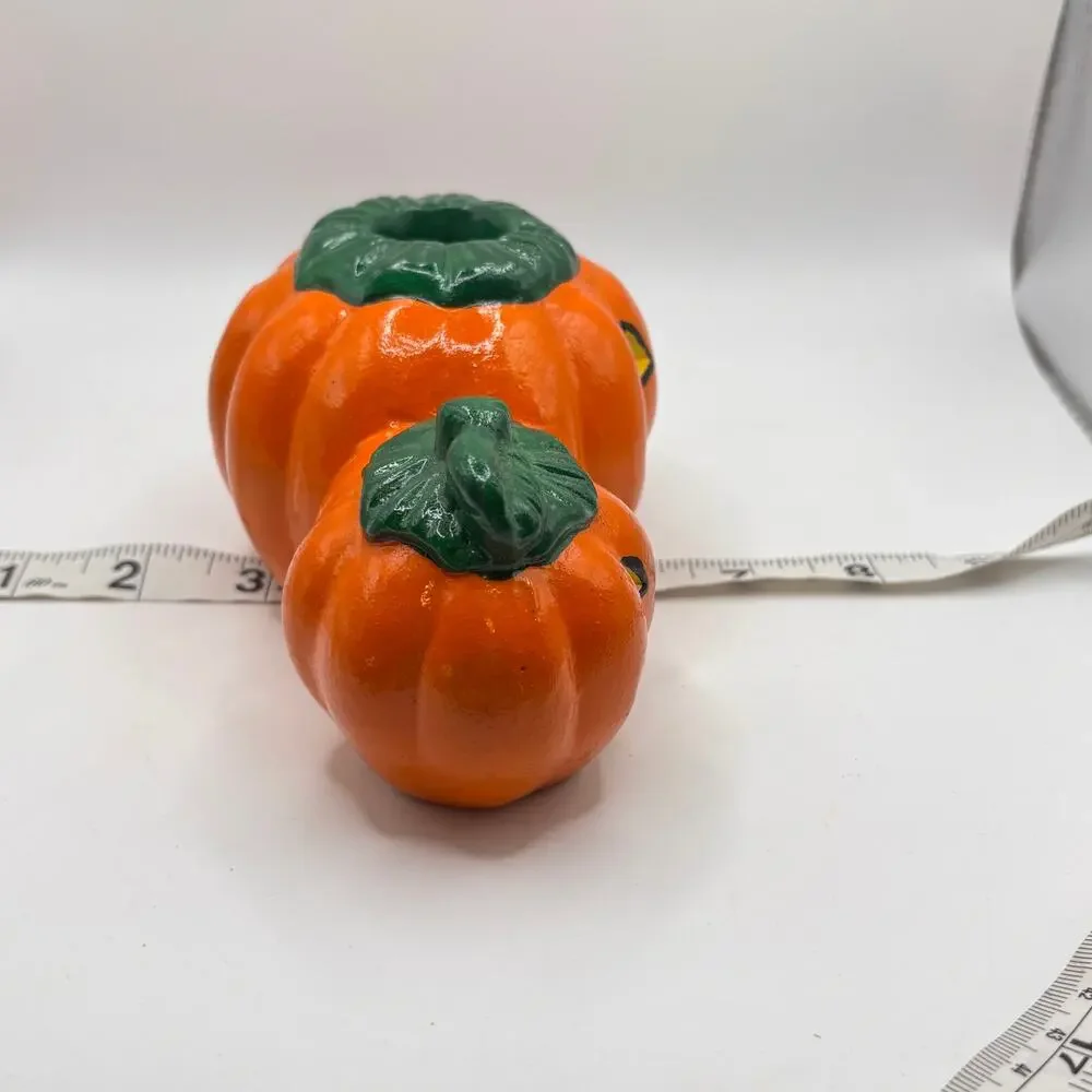 Vintage 90s Halloween Orange Jack-o-Lantern Ceramic Pumpkin Taper Candle Holder